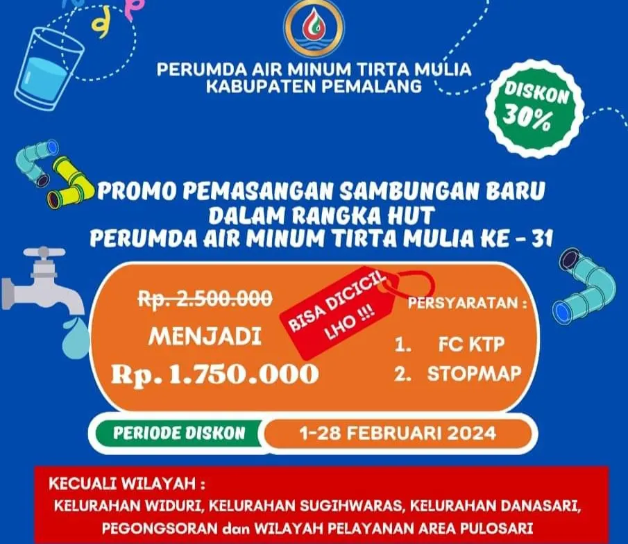 Hut ke-31, Perumda Tirta Mulia Pemalang Hadirkan Promo Hingga 30 Persen