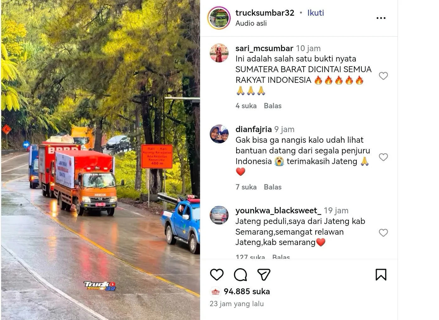 Viral Rombongan Truk Bantuan Pemprov Jateng Melintasi Sitinjau Lauik, Netizen: Gini Aja Aku Nangis